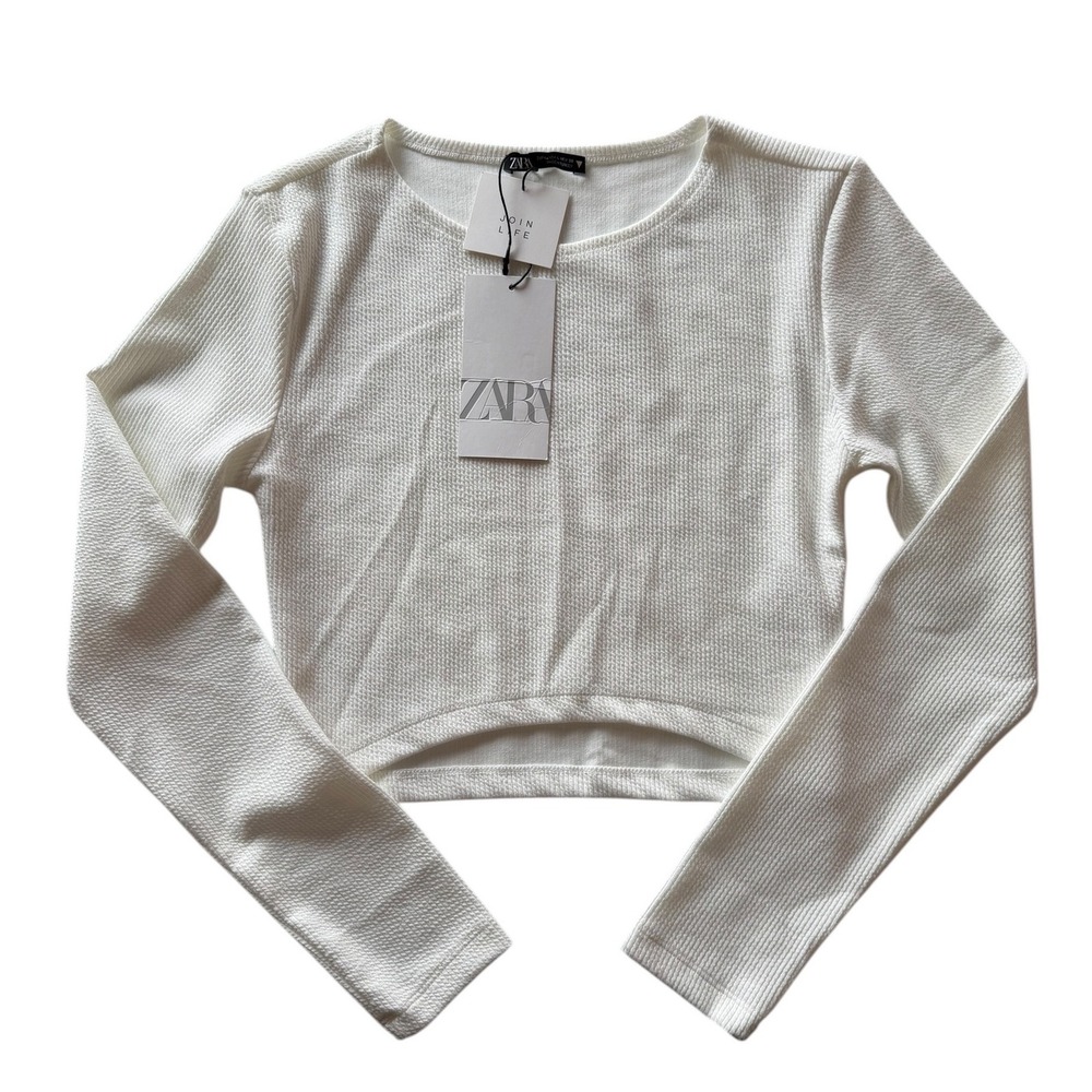 Zara White Textured Long Sleeve Crop Top Curved Hem 5584/932 Large